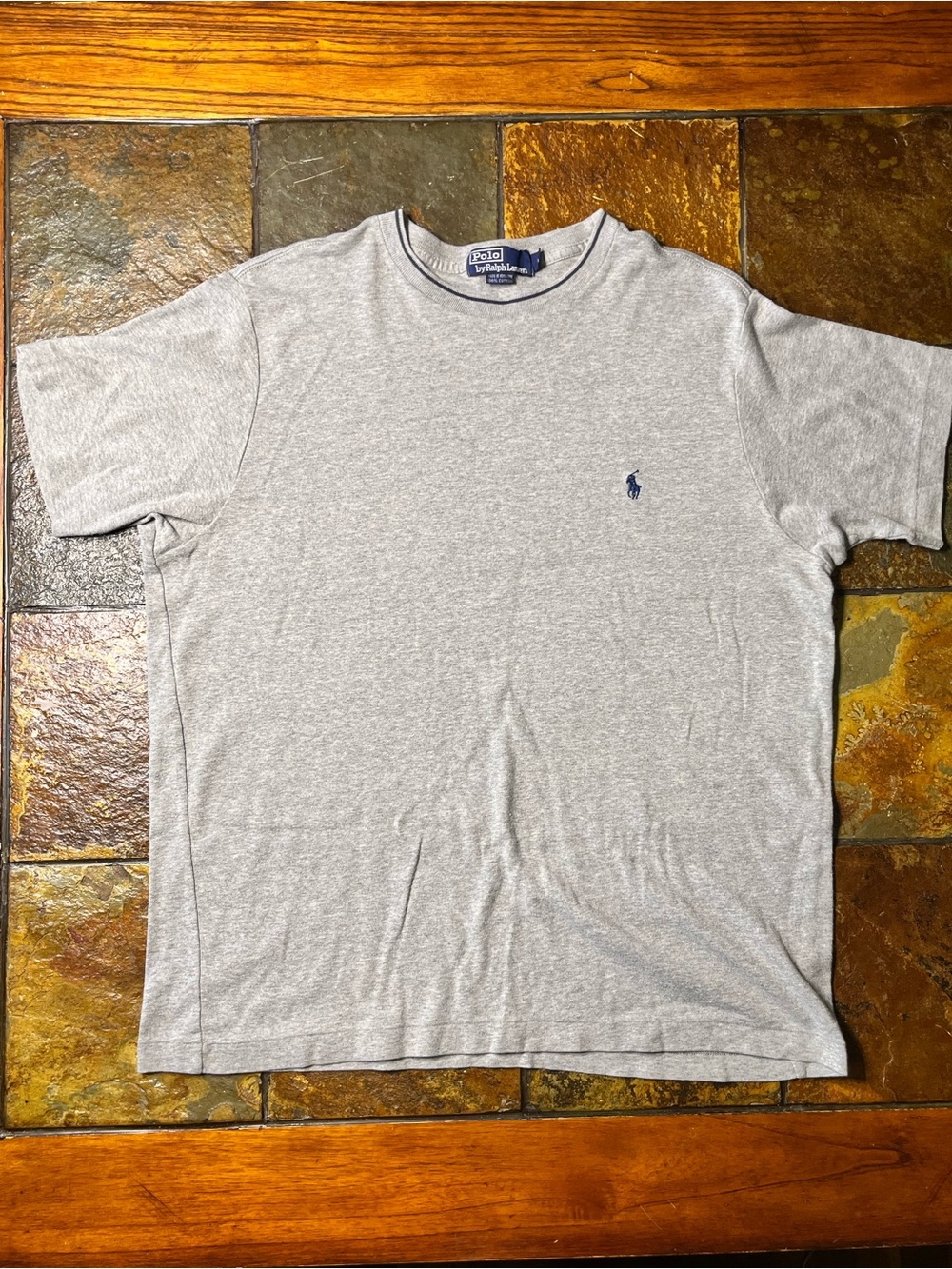 Vintage Ralph Lauren Light Gray Crew Neck T-Shirt with Navy Pony-Size L